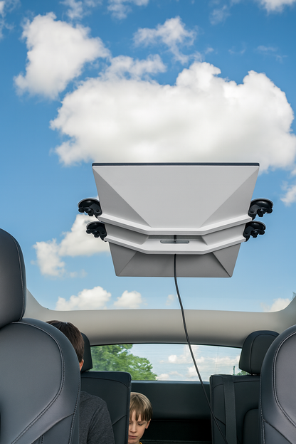Starlink Standard Gen 3 dish held beneath a vehicle glass roof by a white bracket and four black suction cups.
