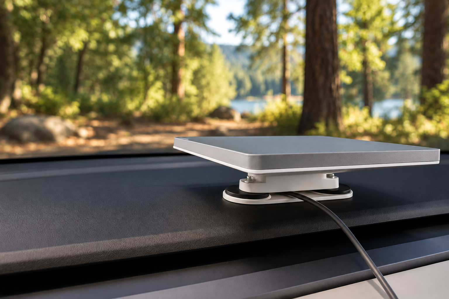 Starlink Mini on a ConTronX dashboard mount; background digitally edited